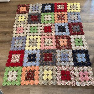 Vintage Yo-Yo Handmade Blanket Throw Quilt Multi Colored Pinwheel Rosette 49"x61